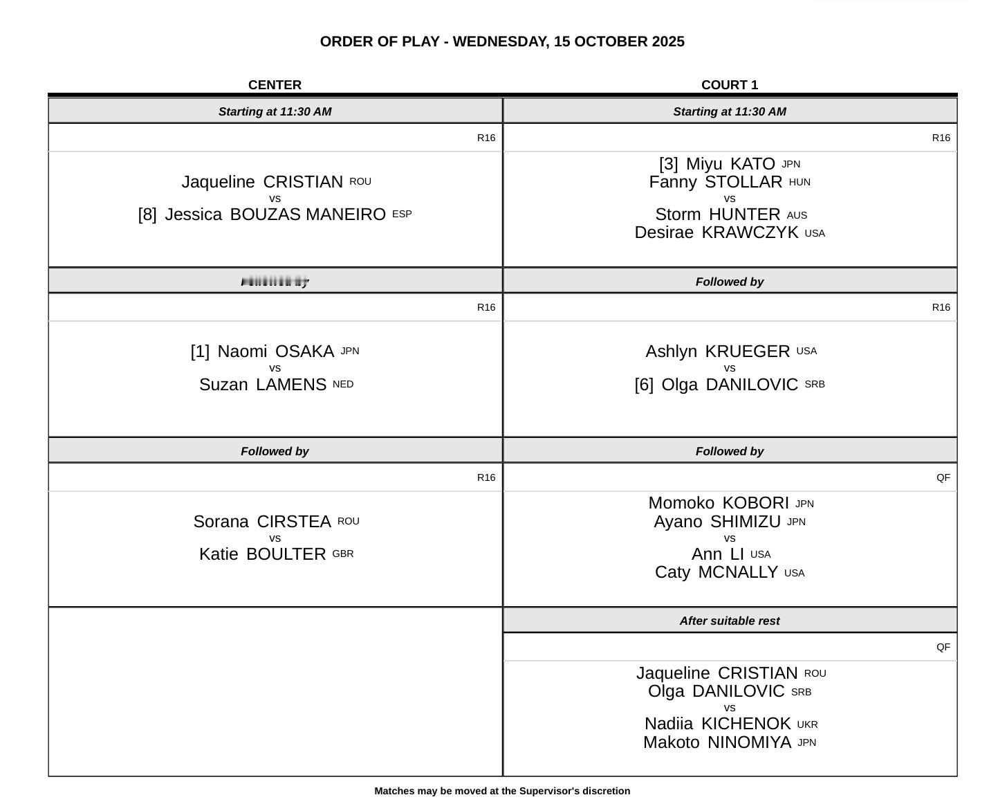 WTA250大阪站今日赛程📅头号种子对决卫冕冠军，博尔特、克鲁格等球员都将亮相