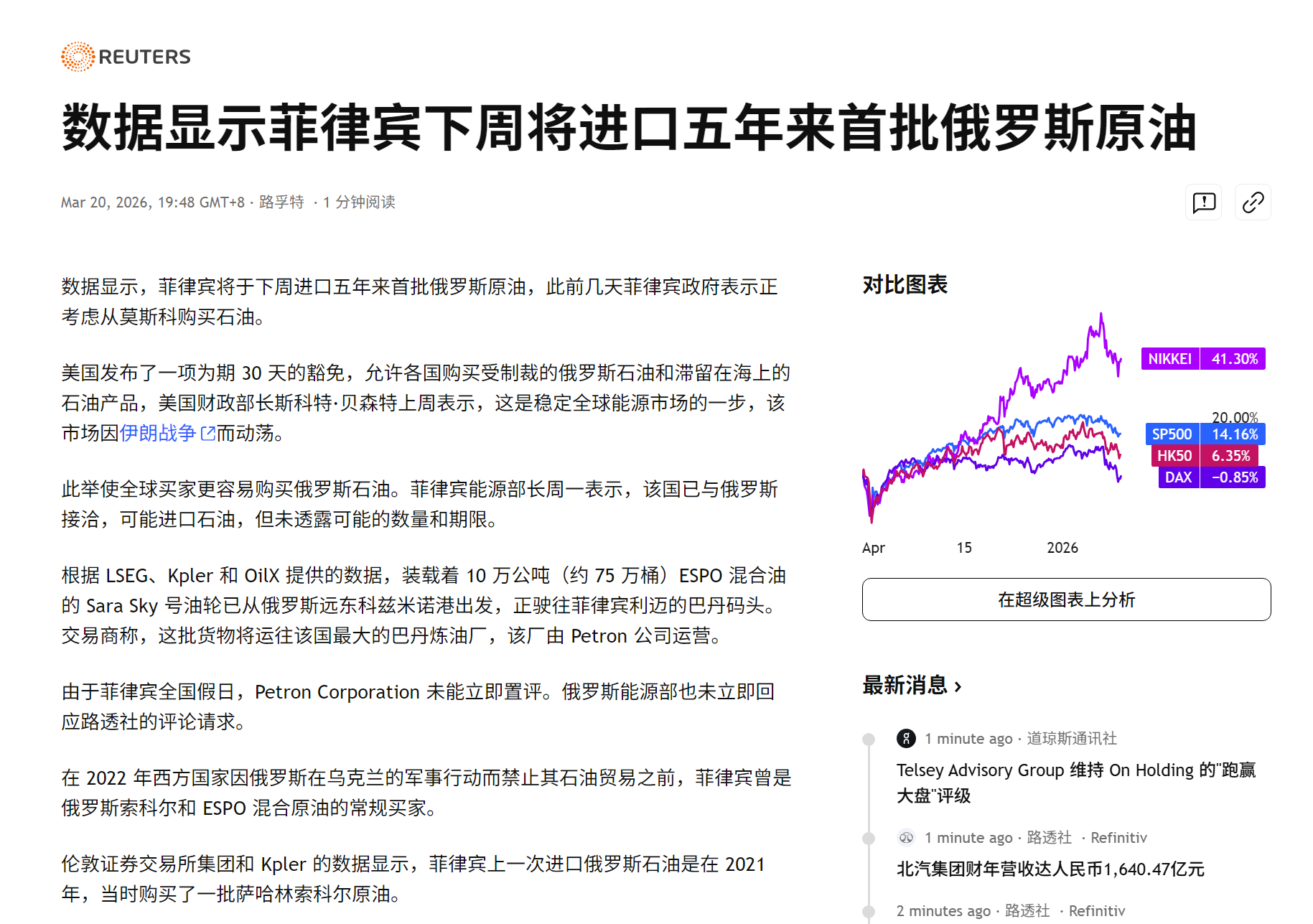 🔻菲律宾在因中东战争中断五年后，重新开始购买俄罗斯石油。🔻菲律宾驻美国大使告