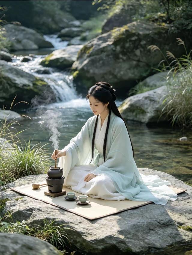 涧水泠泠漱浅沙，
 风牵云影试新茶。
 烟随细浪流香去，
沉浮之间暮晚霞。