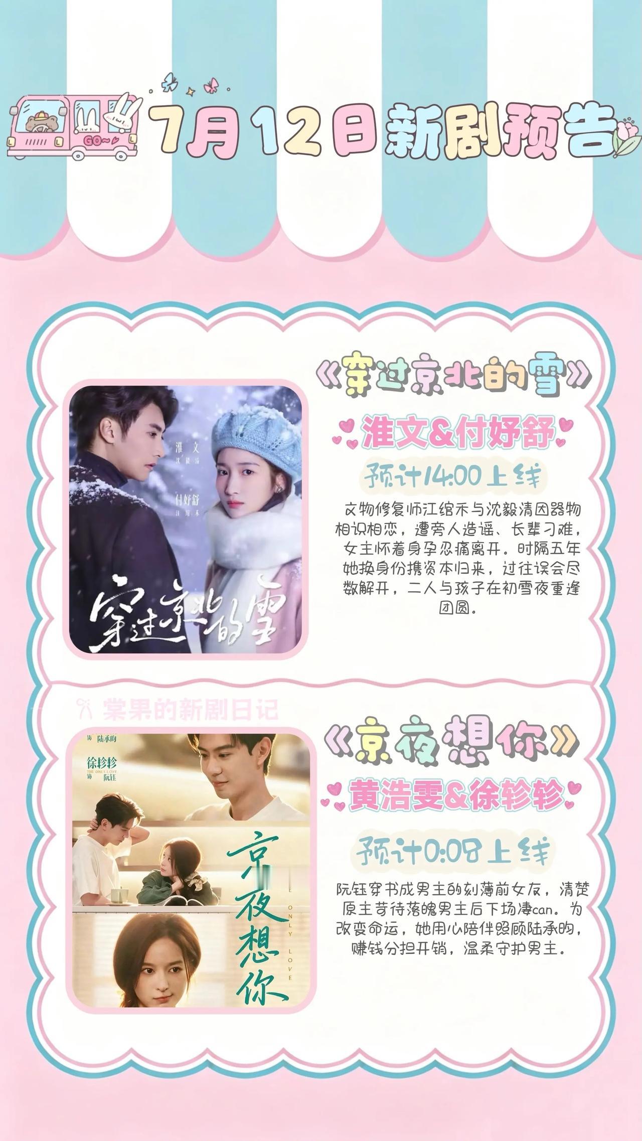 🔥📺7月12日新剧预告文字目录✨🔥

1. ❄️《穿过京北的雪》
主演：淮