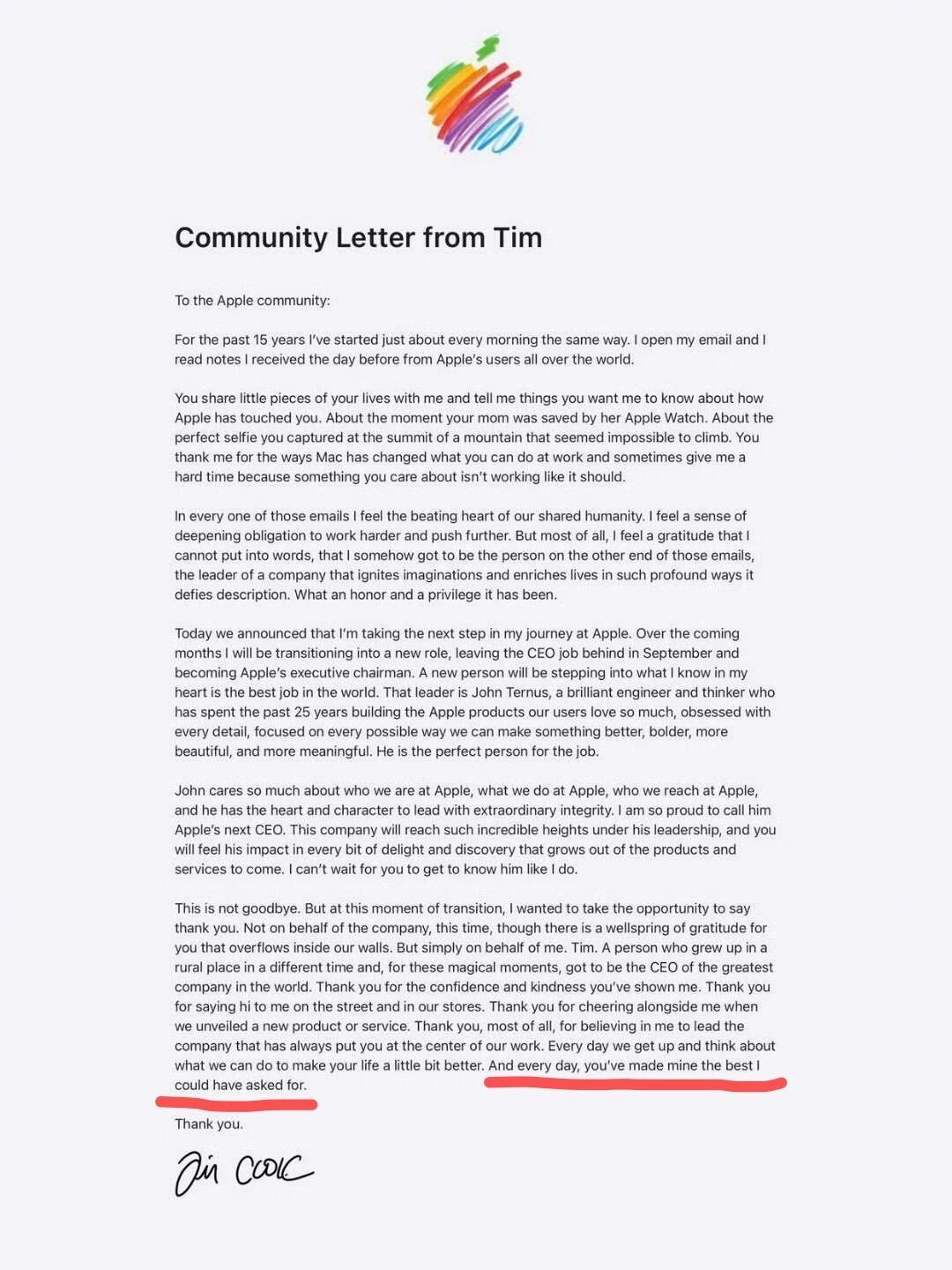 库克的告别信，最后一句有点感人And every day, you've mad