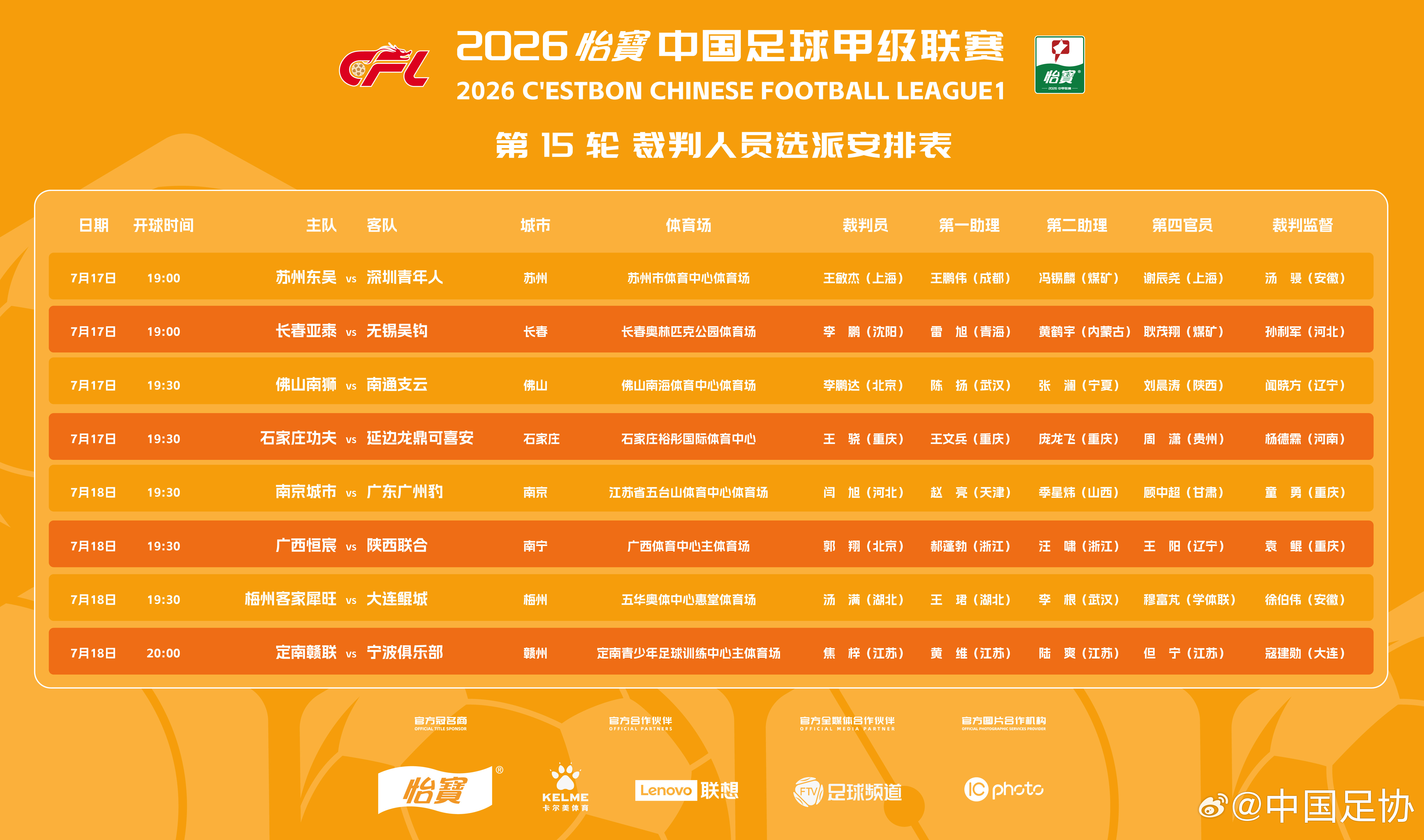 2026 怡宝中国足球甲级联赛第15 轮裁判人员选派安排如下↓