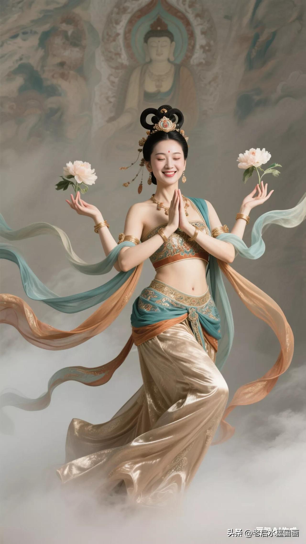 仙气飘飘的古典美人，手持莲花，宛如画中仙子。张立启原创书画AI作品古仕女发髻服饰