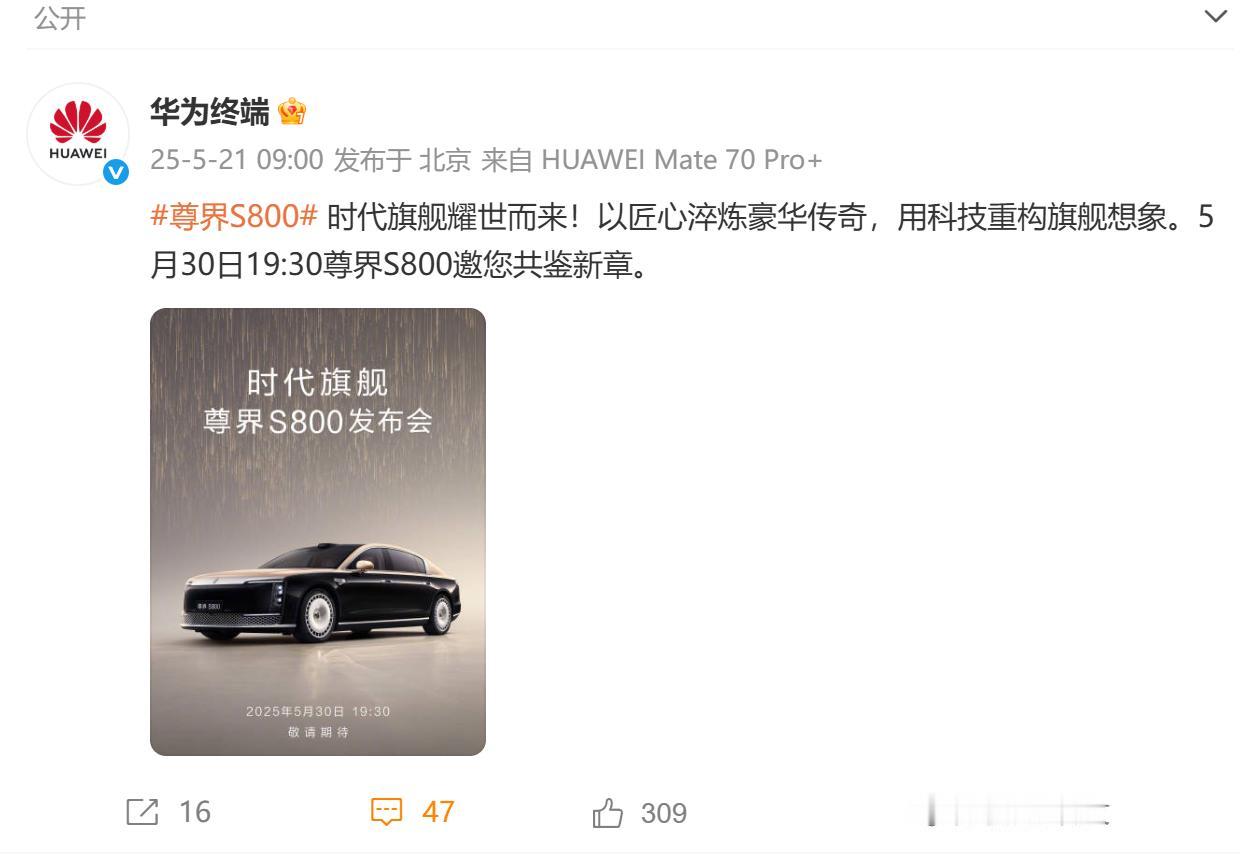 正式官宣！尊界 S800将于5月30日正式发布。
一直以来，尊界 S800都是车