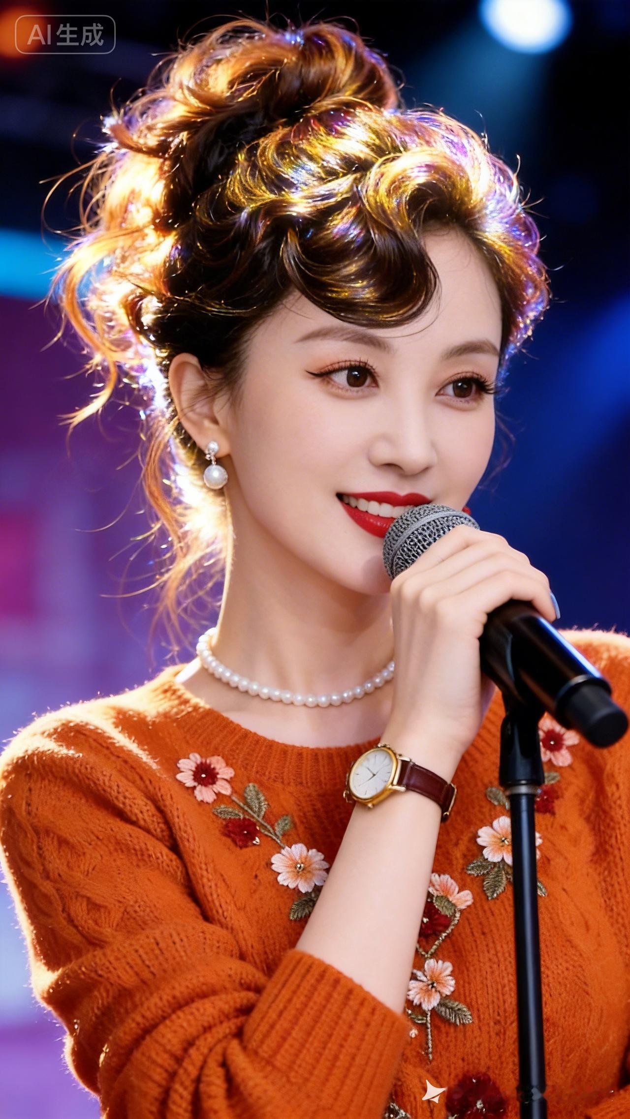 舞台上的她，红唇微笑，橙色毛衣与珍珠项链相得益彰，光彩照人！