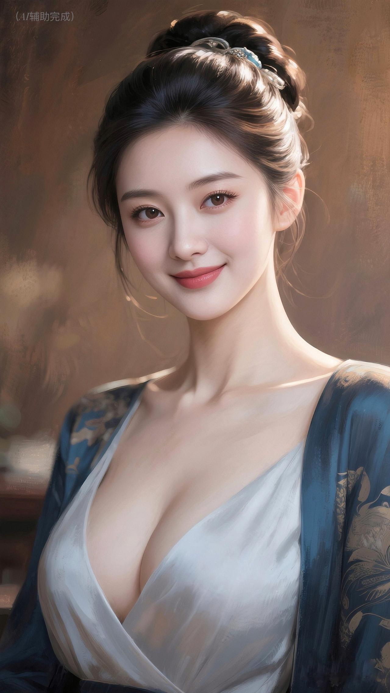 九帧同绘东方仙。乌发高挽簪雅饰，眉眼含笑眸若星，唇若樱桃甜胜春。抹胸绣裙展雅姿，