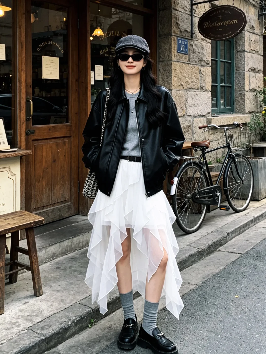 皮衣+白纱半裙，好韩系呀