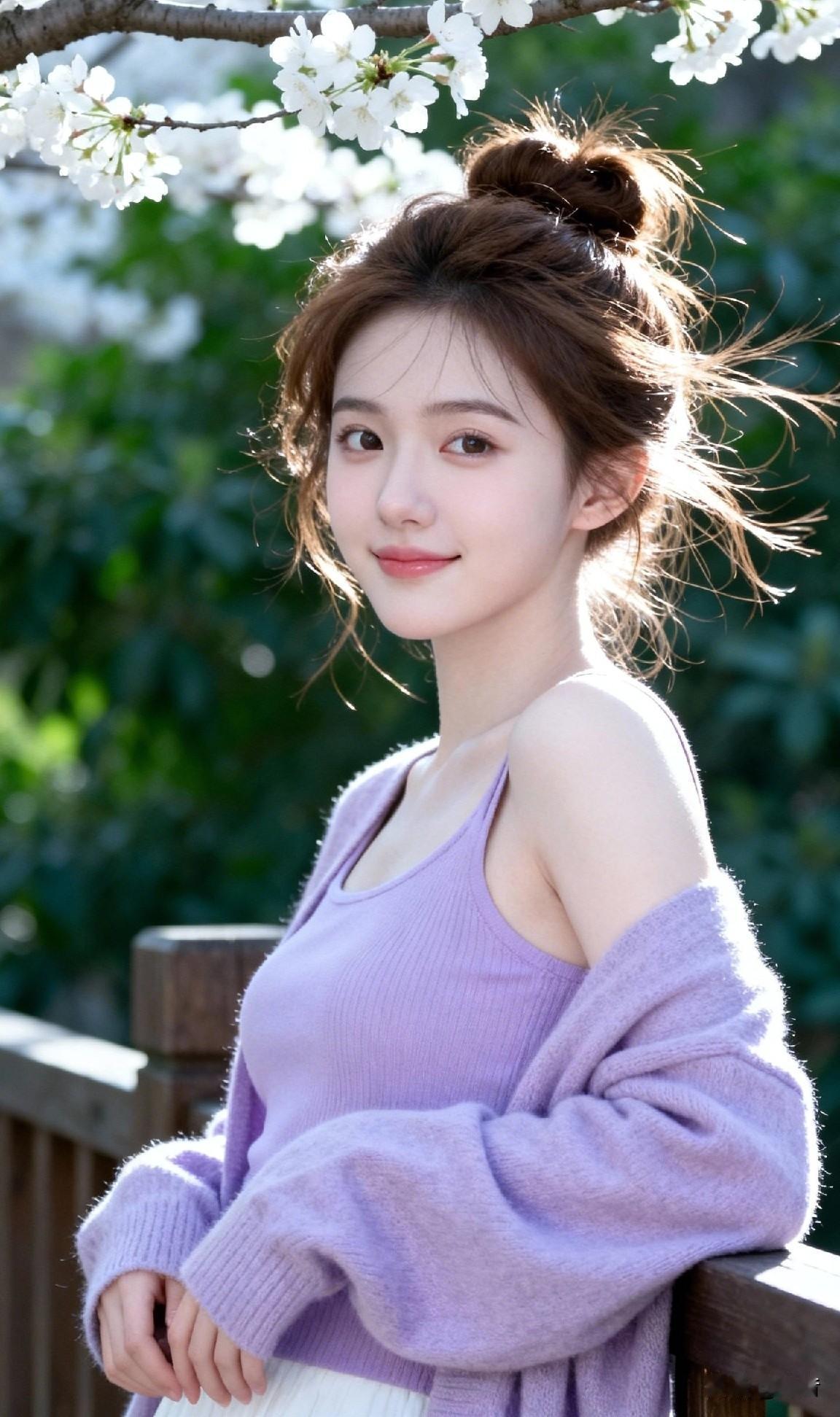 风一吹 发丝就飘起来
光一跳 皮肤就透出瓷白
浅紫开衫倚着木栏晃呀晃