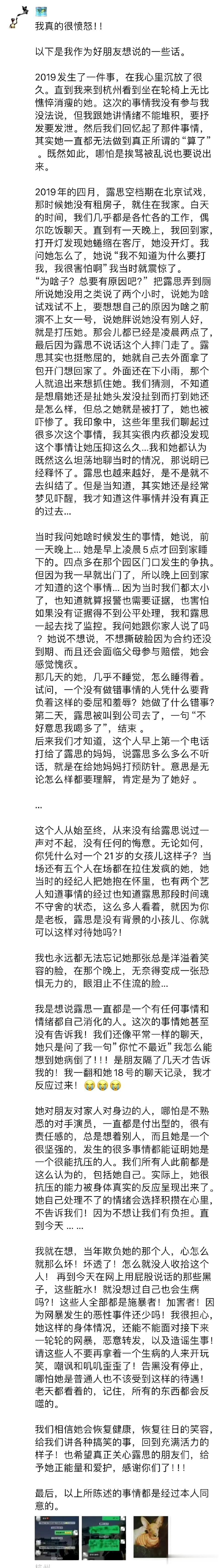 12月31日，赵露思闺蜜一篇愤怒发文引起热议，总结发文重点如下：

第一，赵露思