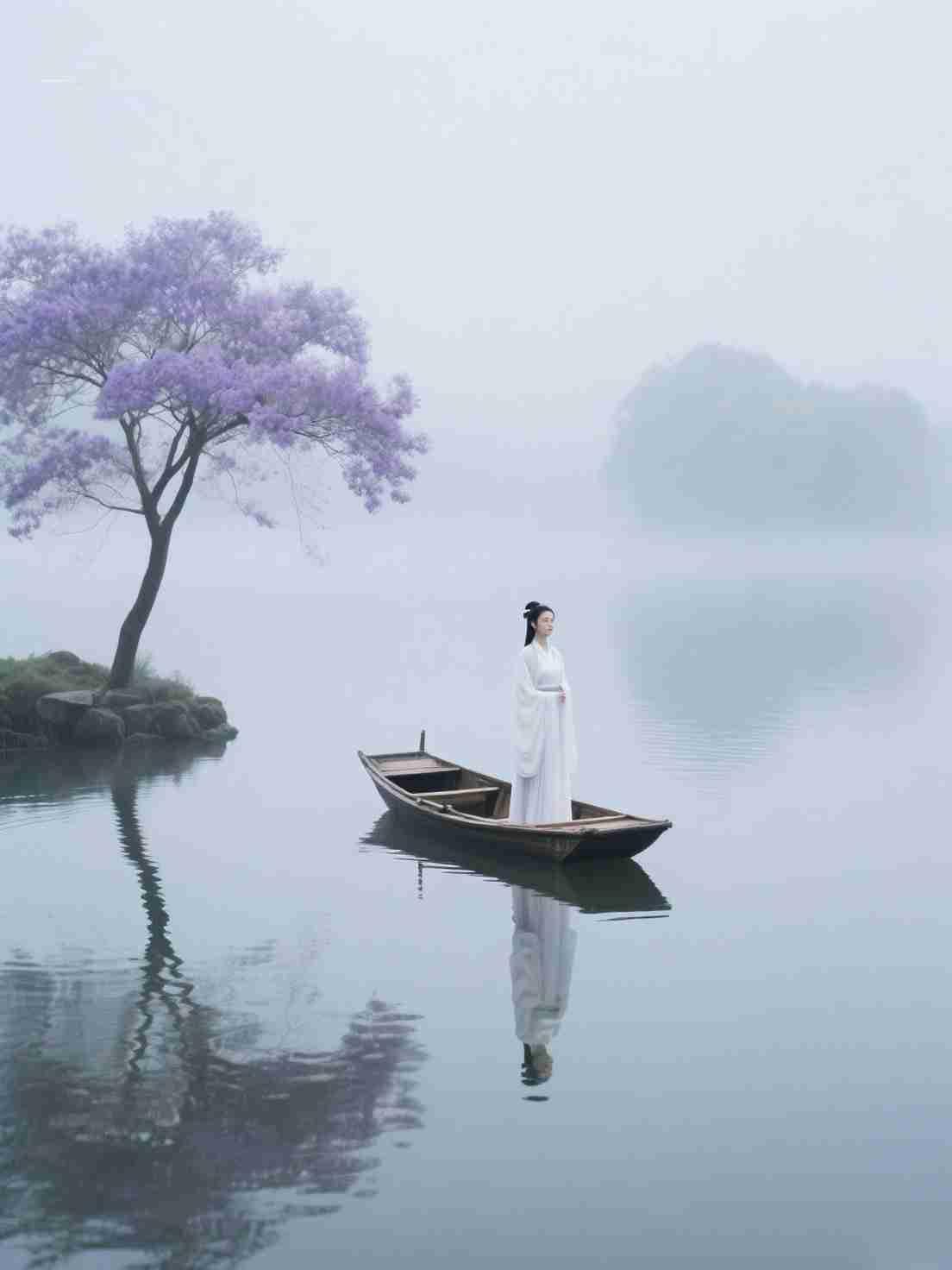 《烟波长寄》
 
寒烟锁平湖，苍波映微白。
孤舟浮浅黛，有女立如璧。
素袂随风轻