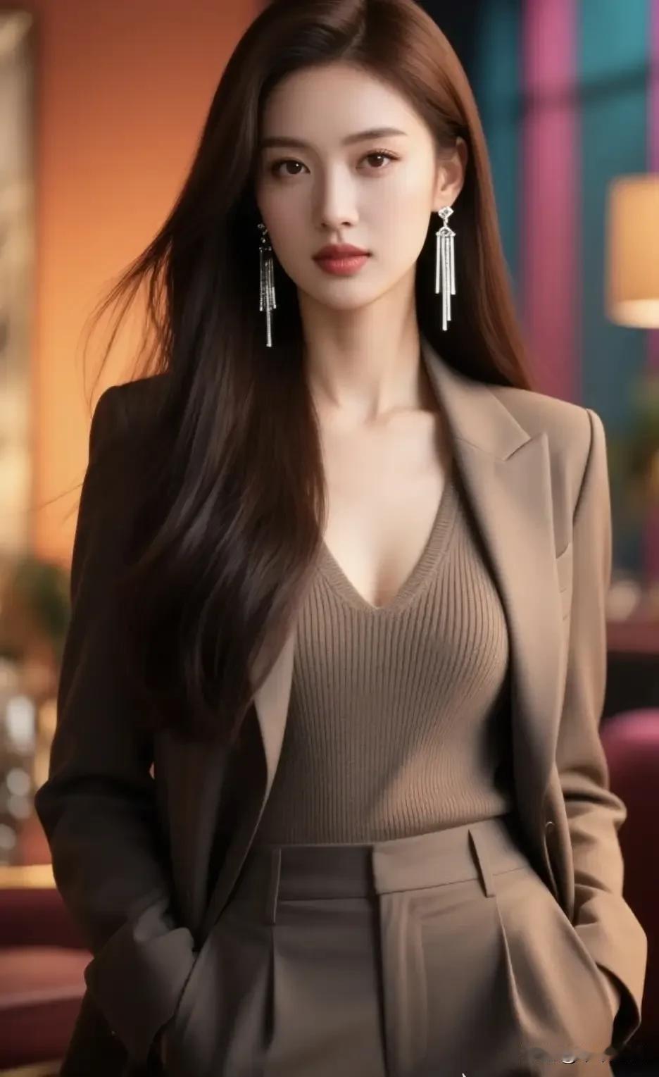 咖色西装套装配同色系针织内搭，霓虹背景揉出干练又妩媚的轻熟氛围感☕
灰色西装套装