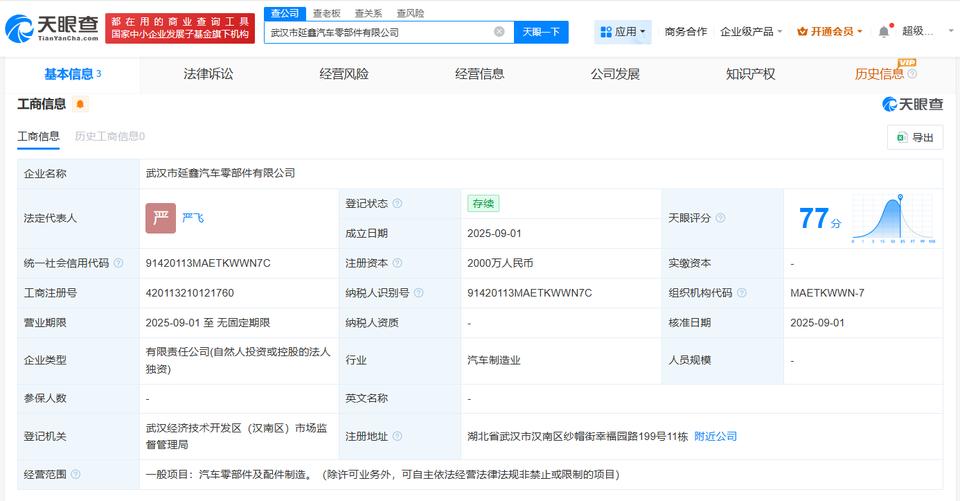 注册资本2000万
天眼查App显示，近日，武汉市延鑫汽车零部件有限公司成立，法