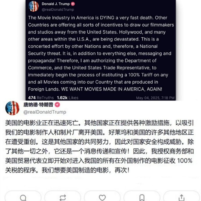 【美国电影业正迅速消亡，特朗普：将对国外制作电影征收100%关税】特朗普称对进口