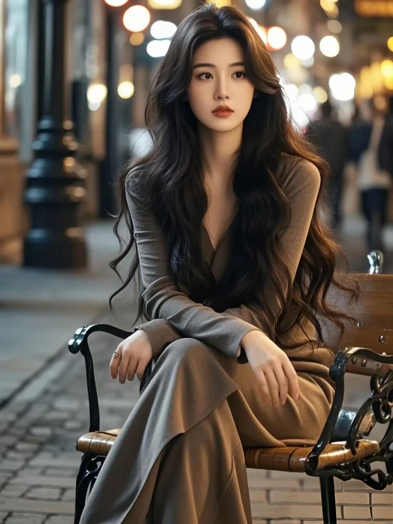 都市街头的优雅女子，沉思的瞬间