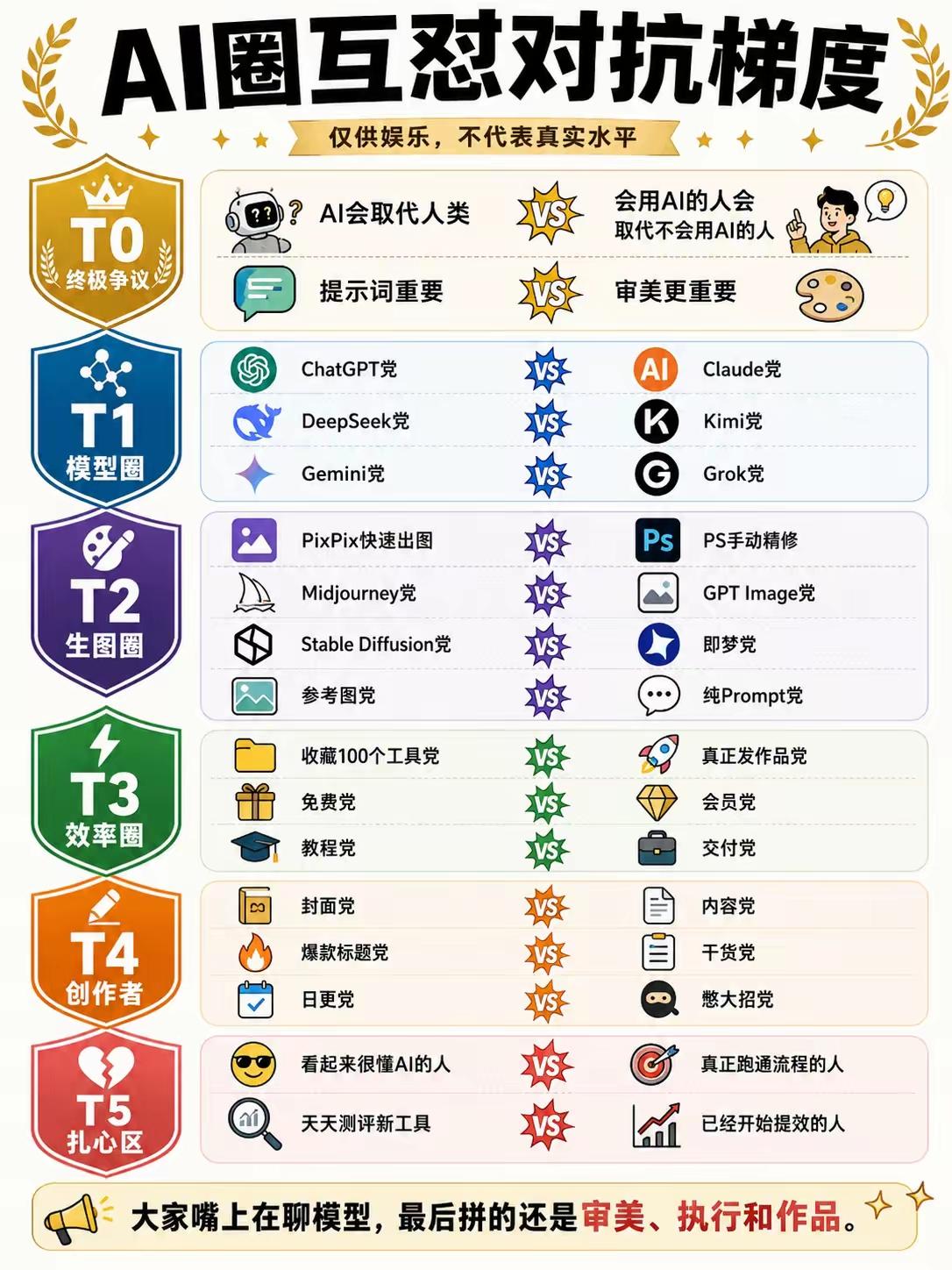 AI圈互怼对抗梯度图完整解读（娱乐向）
 
T0 终极争议（行业底层观念对立）