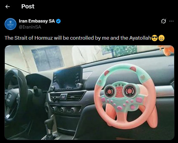 对于特朗普说要和阿亚图拉一起控制霍尔木兹海峡，伊朗驻南非大使馆发了下图回应热点观