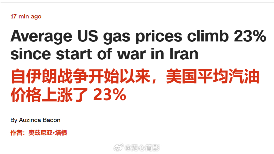 CNN：自伊朗战争开始以来，美国平均汽油价格上涨了 23%。根据美国汽车协会的数