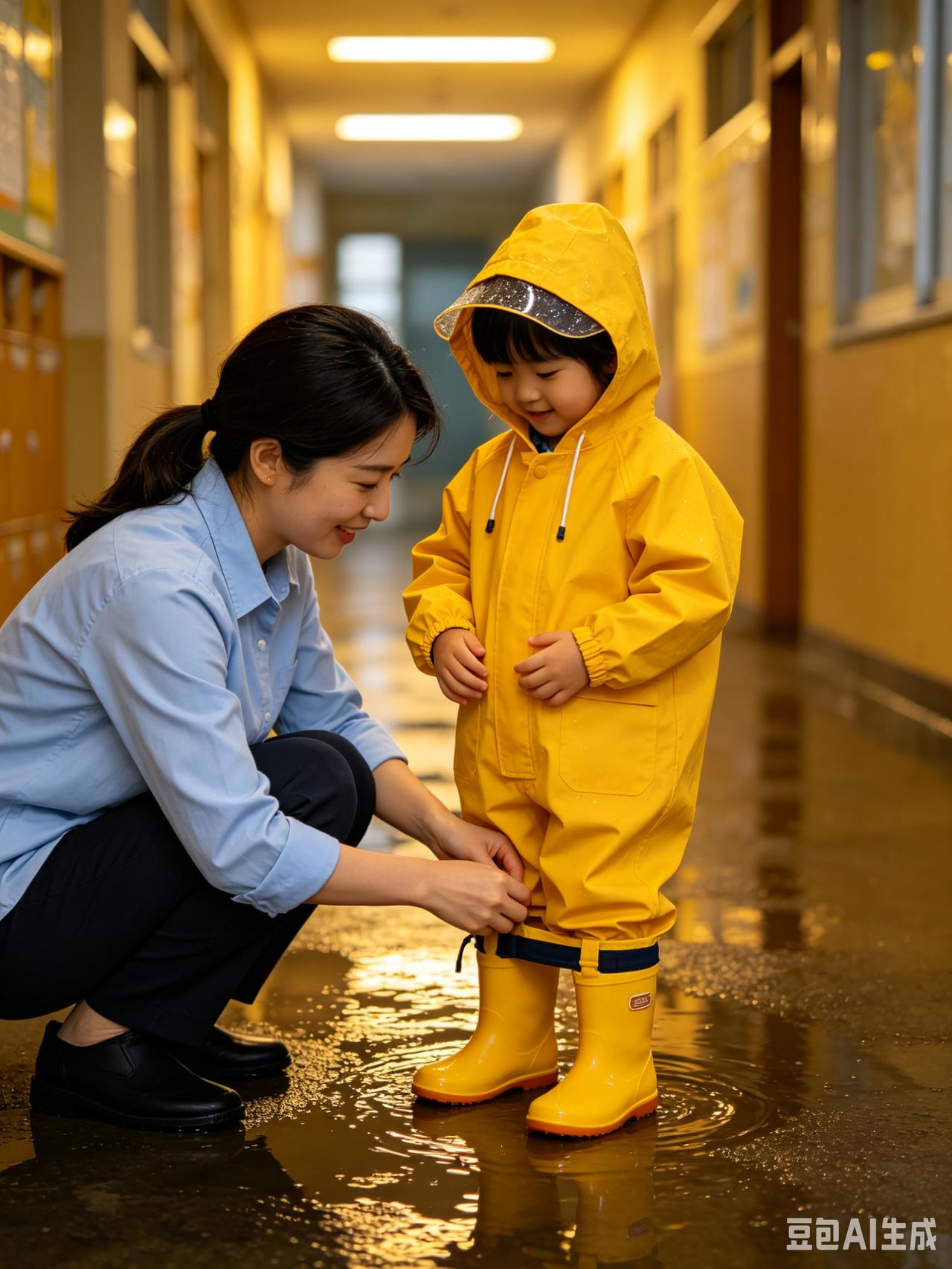 今天是孩子本学期在校的最后一天，一早大雨下个不停。我撑着伞送孩子出门，他穿好雨衣