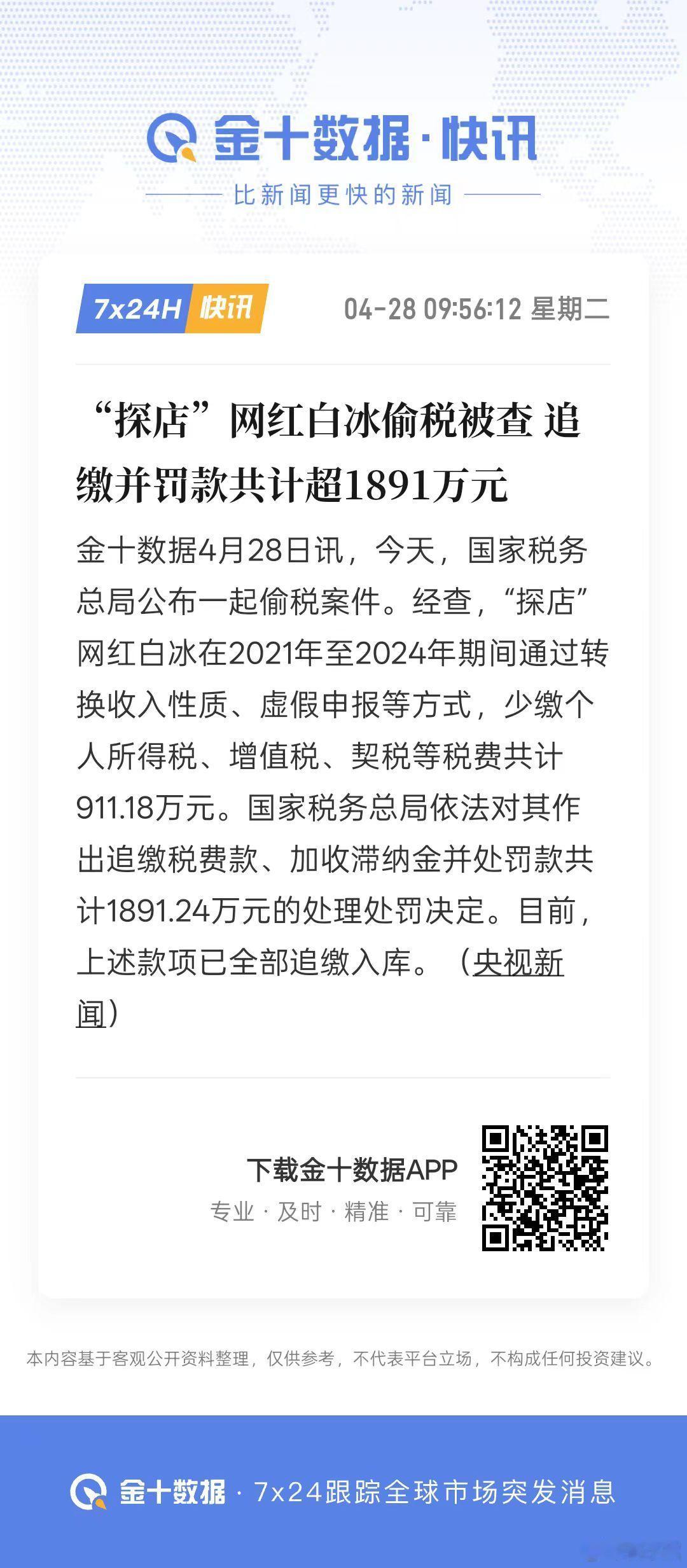 重磅！“探店”网红白冰偷税被查缴并罚款共计超1891万元！ 