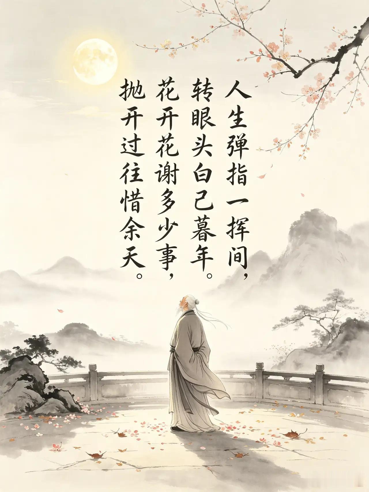 人生弹指一挥间，
转眼白头已暮年。
花开花谢多少事，
抛开过往惜余天。