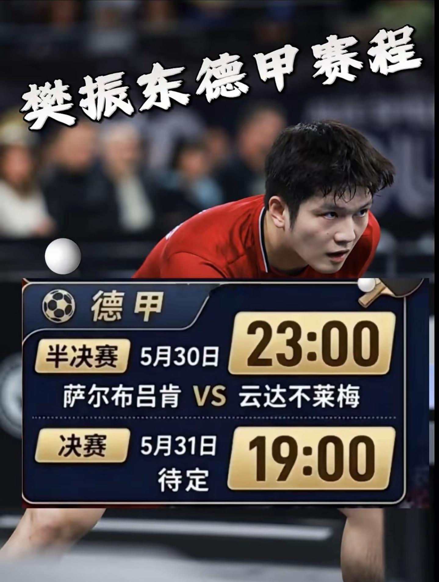 樊振东出战德甲半决赛 比赛时间：5月30日 23:00（北京时间）地点：法兰克福