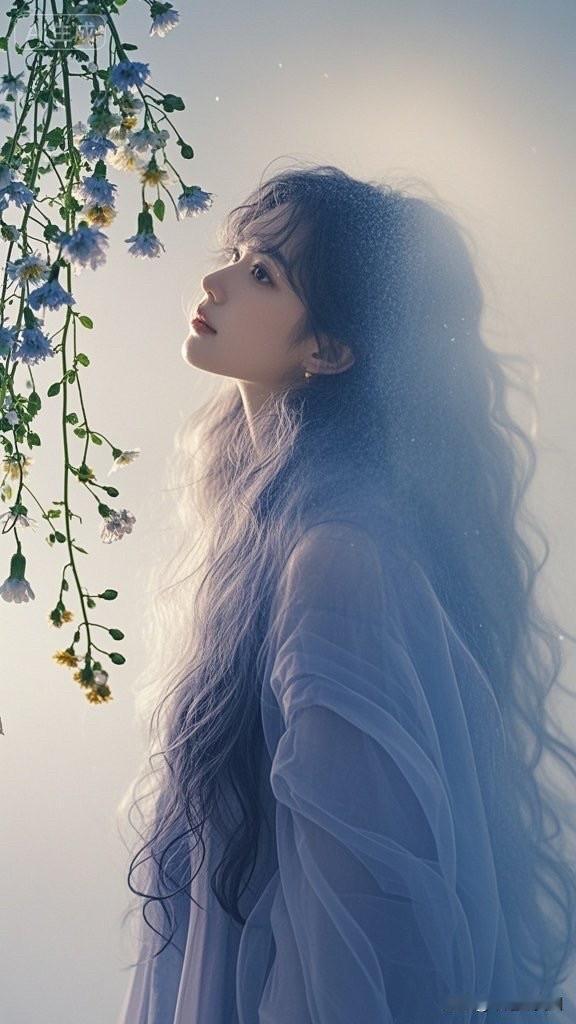 梦幻花海中的少女，轻抚花瓣，如梦如幻