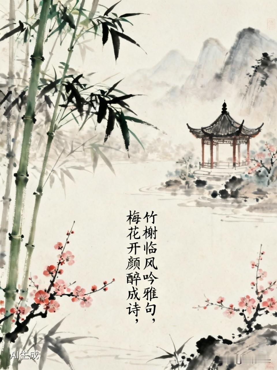 “竹榭临风吟雅句，梅花开颜醉成诗”，这意境简直绝了！想象一下，在竹榭中，清风拂面