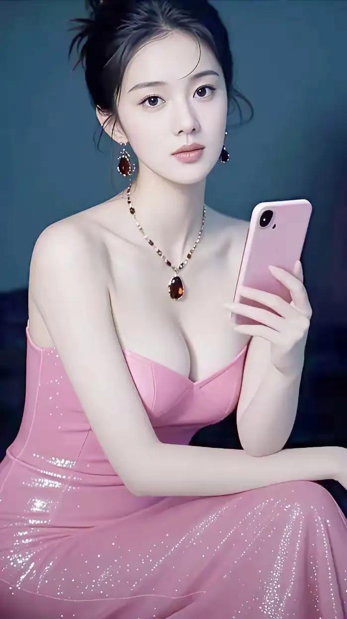 优雅粉裙，闪耀珠宝，手机自拍，时尚穿搭
