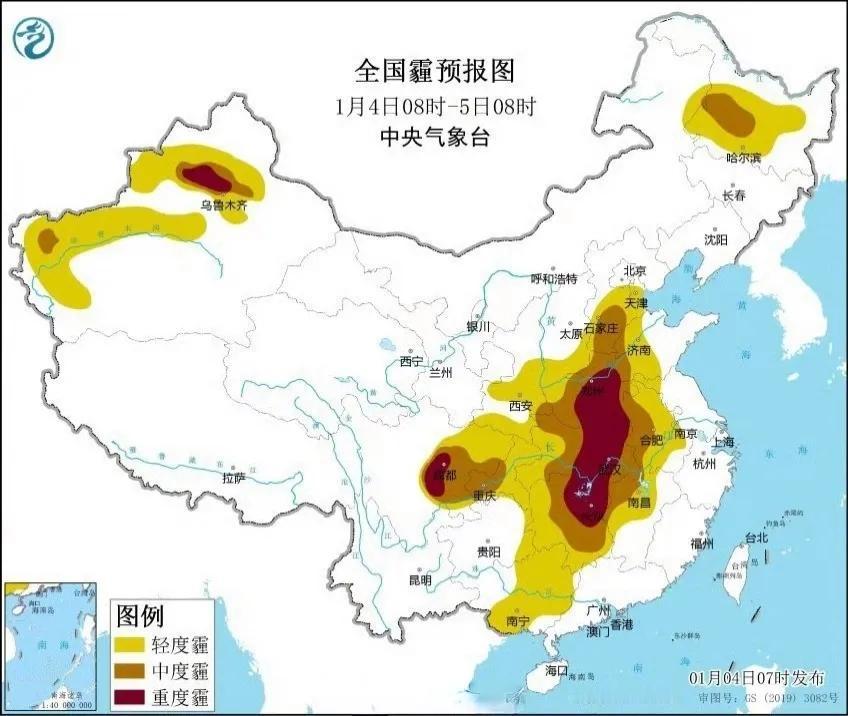 全国雾霾分布情况，目前雾霾重度区域主要分布在湖南、湖北、河南、安徽、四川、新疆等