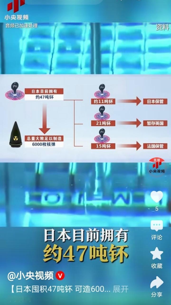 快讯，快讯！
据小央视报道，本子目前拥有约47吨钚，足以制造6000枚核弹，其狼