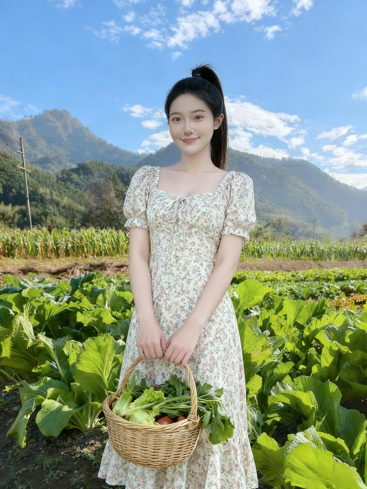 你站在菜畦边 
像株被风轻吻的嫩笋
你的裙裾裹着晨雾 
发梢系着软云
摘的每片菜