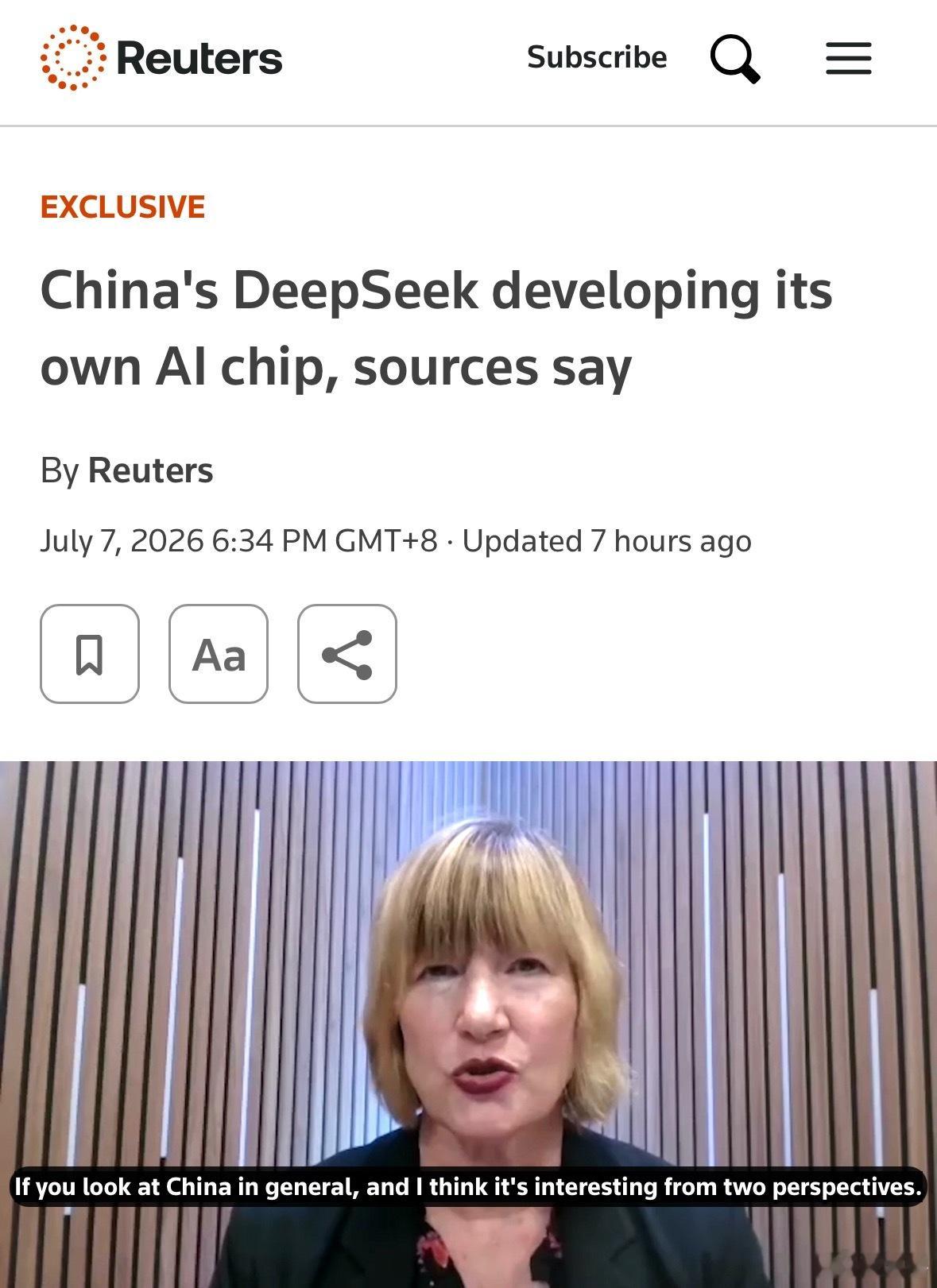 曝DeepSeek开发自有AI芯片路透社报道，DeepSeek正在开发自主AI芯