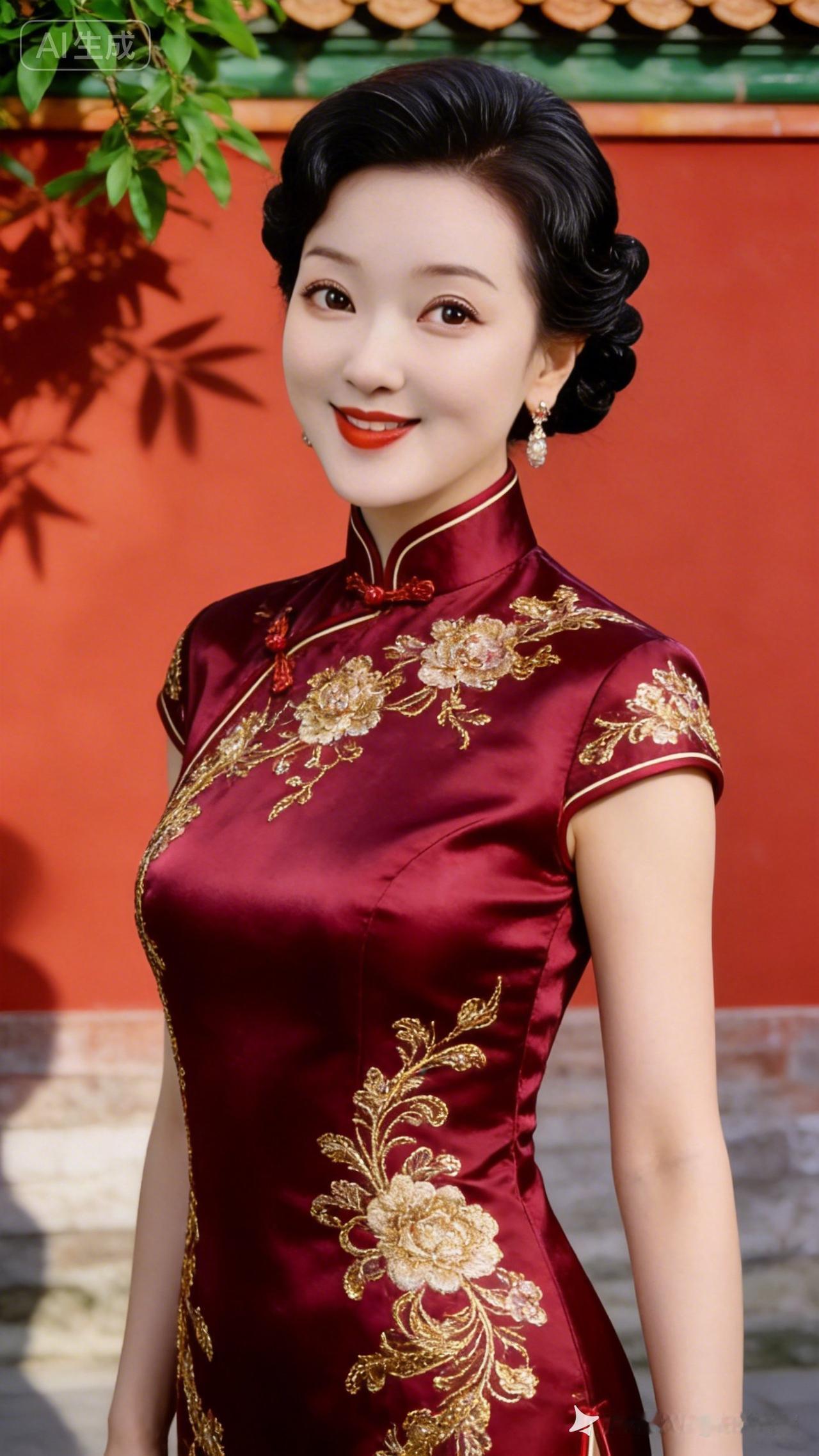 红衣美人倚墙立，笑靥如花映日红。