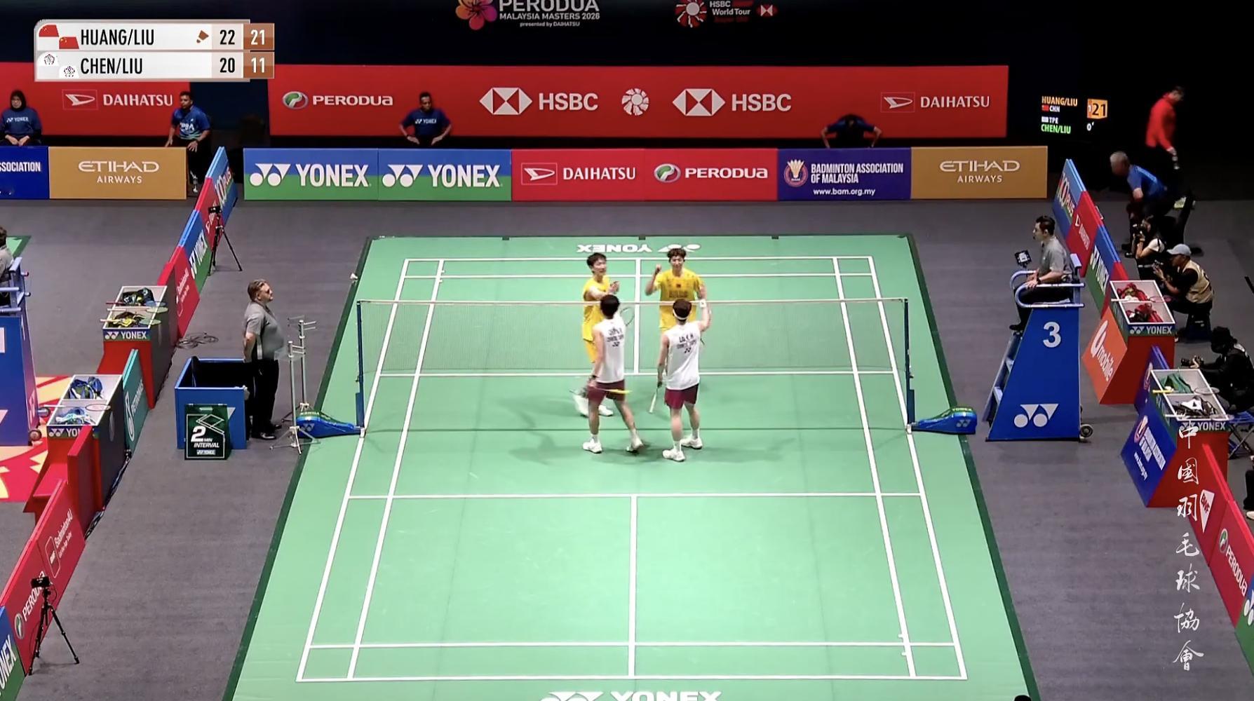 黄荻/刘阳🇨🇳 22-20、21-11 陈政宽/刘广珩下轮对手：佩拉查伊/帕
