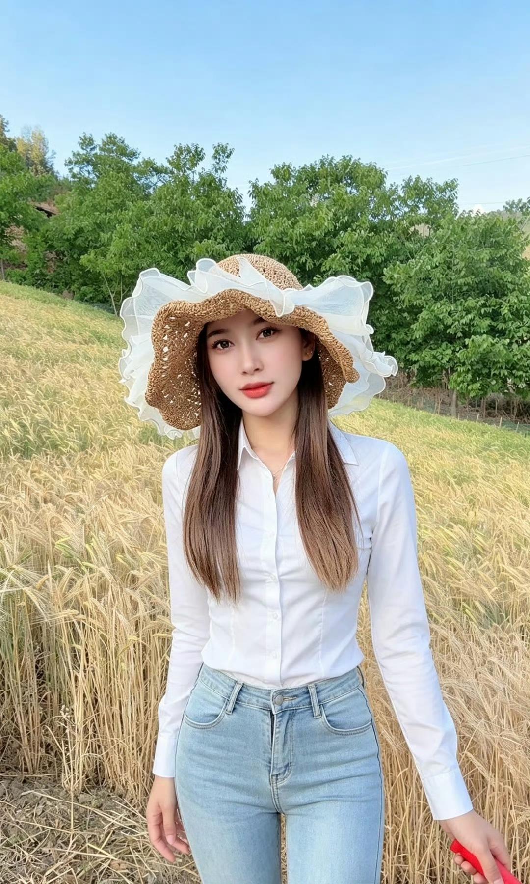 农村女孩开始收麦子了，紧身牛仔裤好像不太方便干活吧！美女型牛仔裤 牛仔裤女子 牛