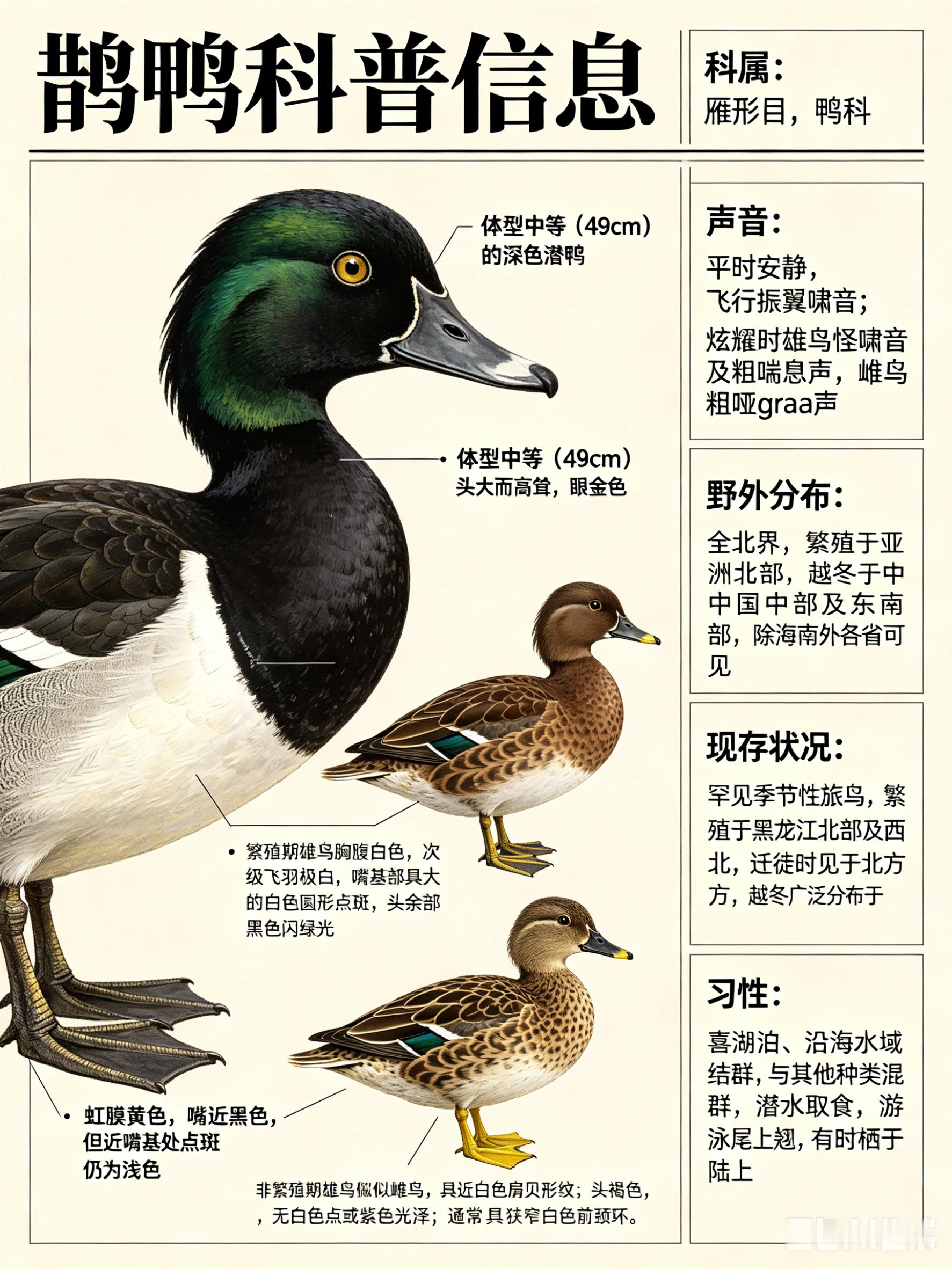 鸟类朋友图鉴 鹊鸭·科属：雁形目，鸭科。·外形特征：体型中等（49cm）的深色潜