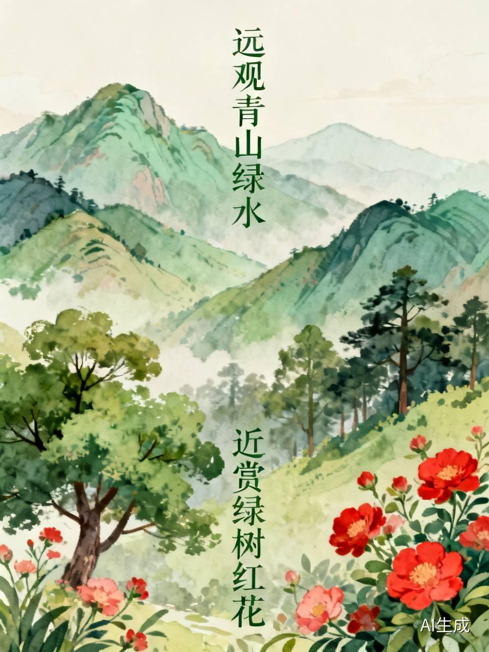 上联：远观青山绿水，
下联：近赏绿树红花。