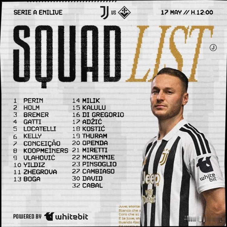 第37轮尤文主场对阵佛罗伦萨25人大名单出炉。

Forza Juve