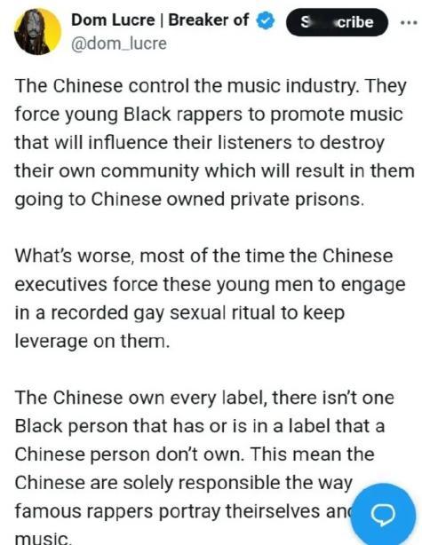最近看到一个帖子，是一个黑人说唱演员，说什么中国控制了美国的音乐产业，中国人强迫