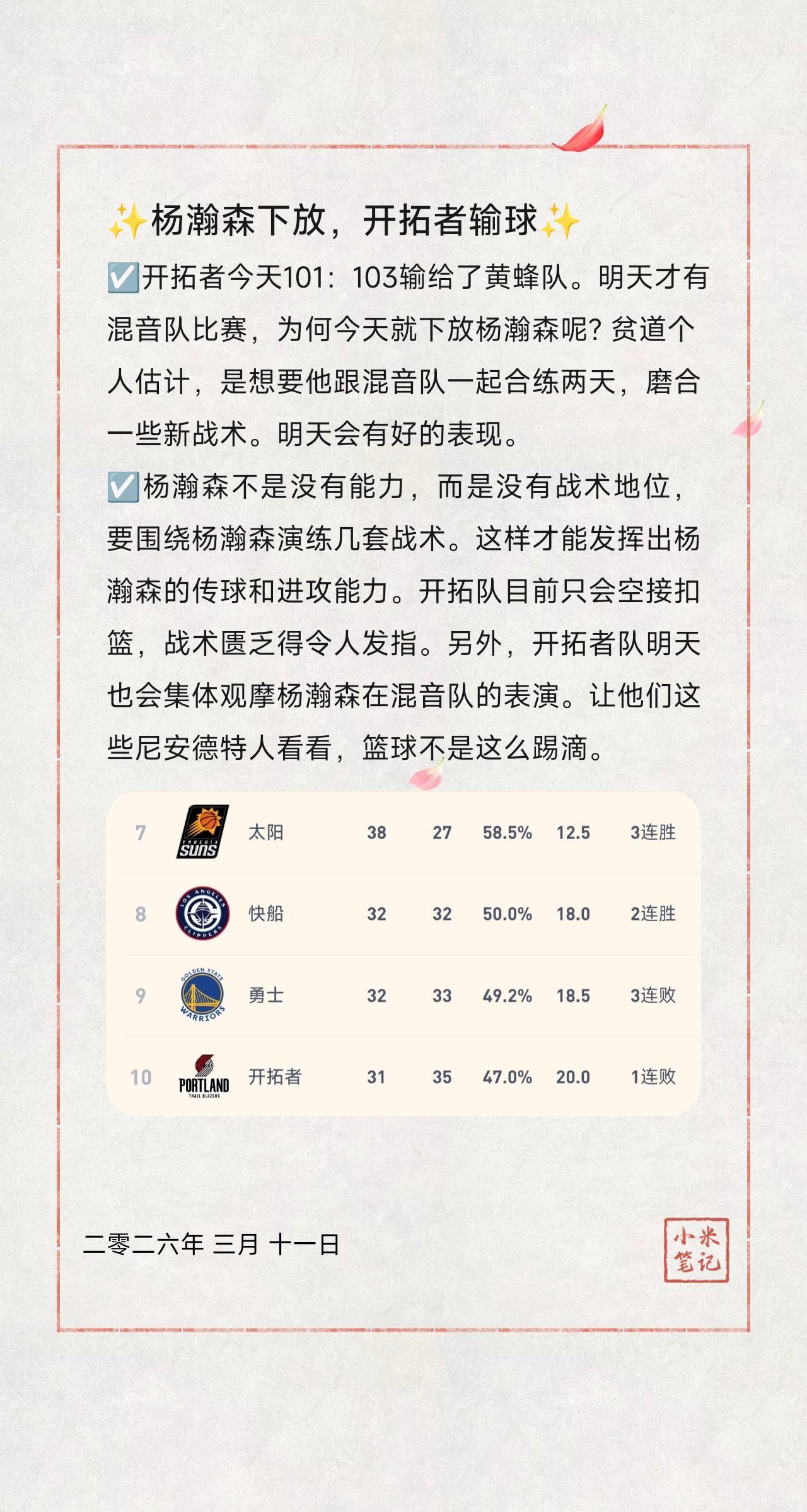 ☑️开拓者今天101：103输给了黄蜂队。明天才有混音队比赛，为何今天就下放杨瀚