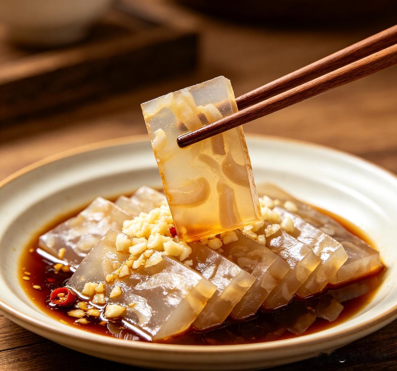 猪皮刮净肥肉，冷水下锅焯水，捞出刮干净内层油脂，切成细条。
 
猪皮和清水按1∶