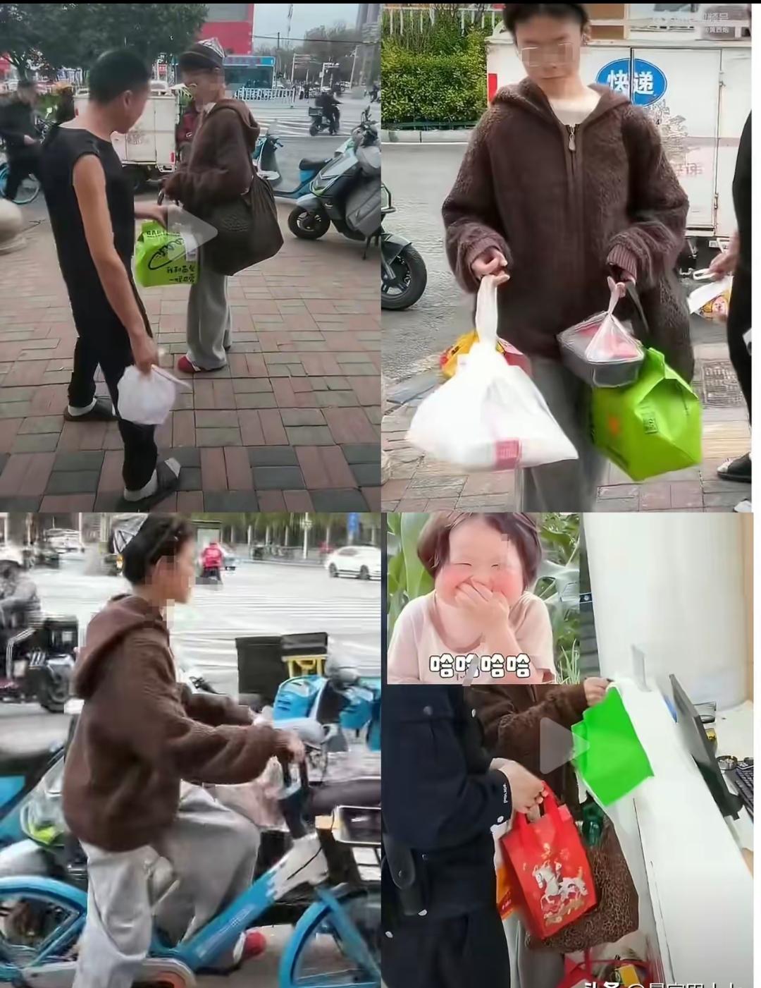 小区门口，大家都在拿自己的外卖，一女子背着个大布包，手里提着四个外卖就要离开，送