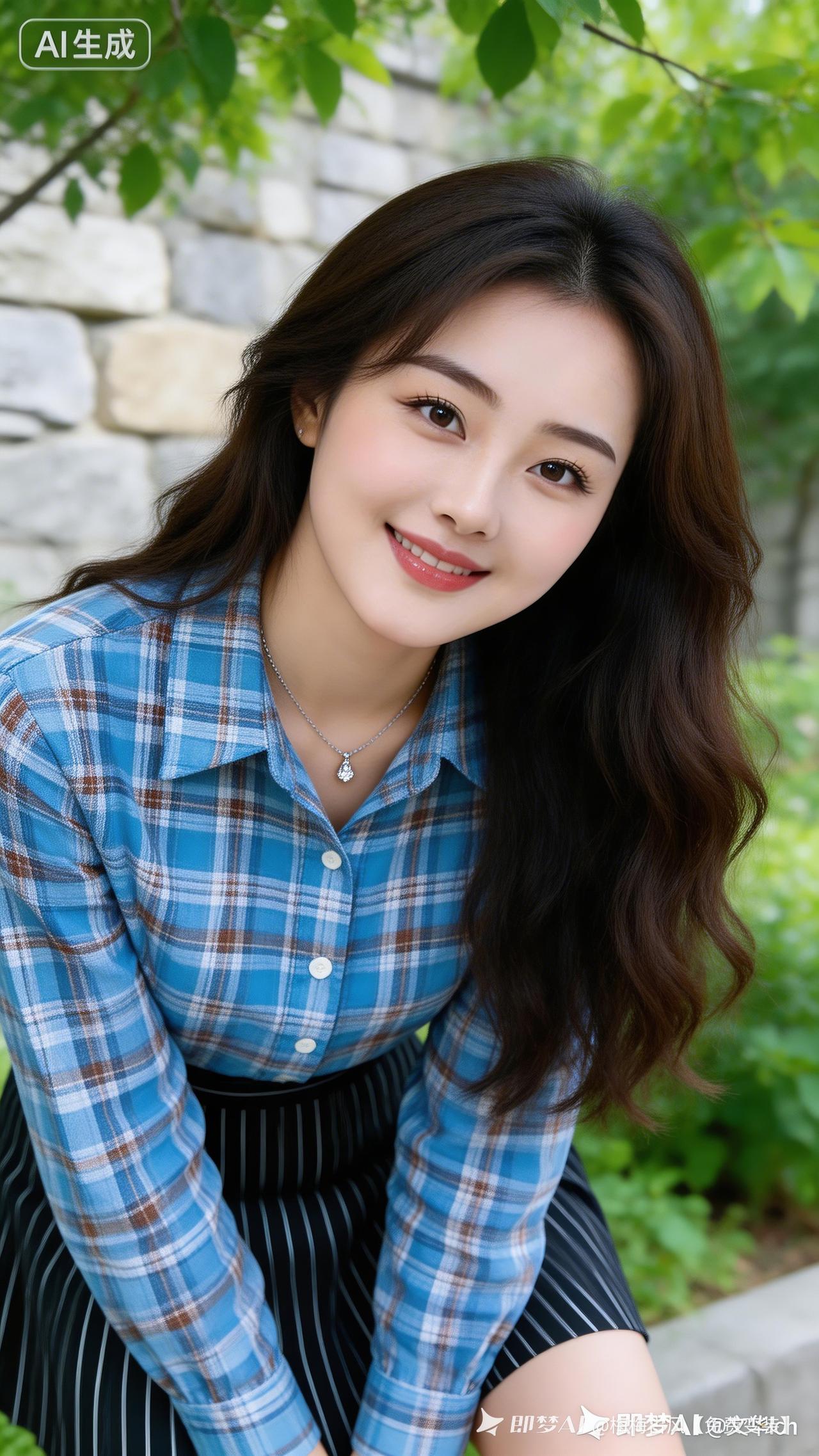 元气少女穿搭指南，蓝白格子衬衫搭配条纹裙，清新自然，元气满满！