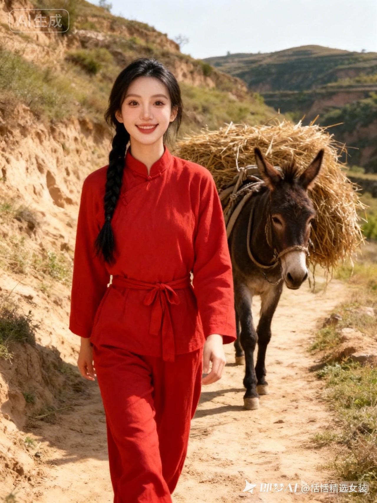 红衣少女与毛驴的田园生活