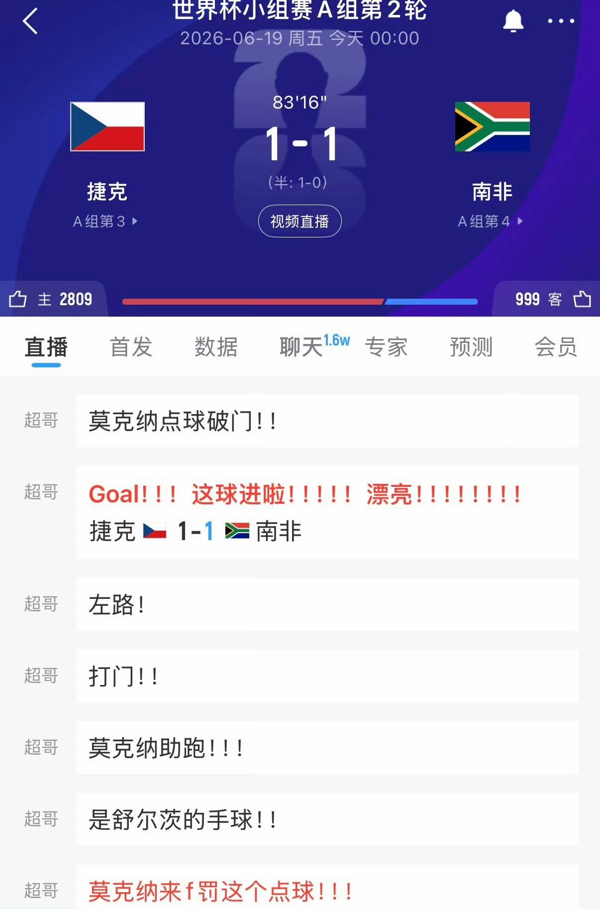 1-1，南非扳平，红色球衣太坑了！南非果然是更想赢的一方。
捷克领先就不想进攻了