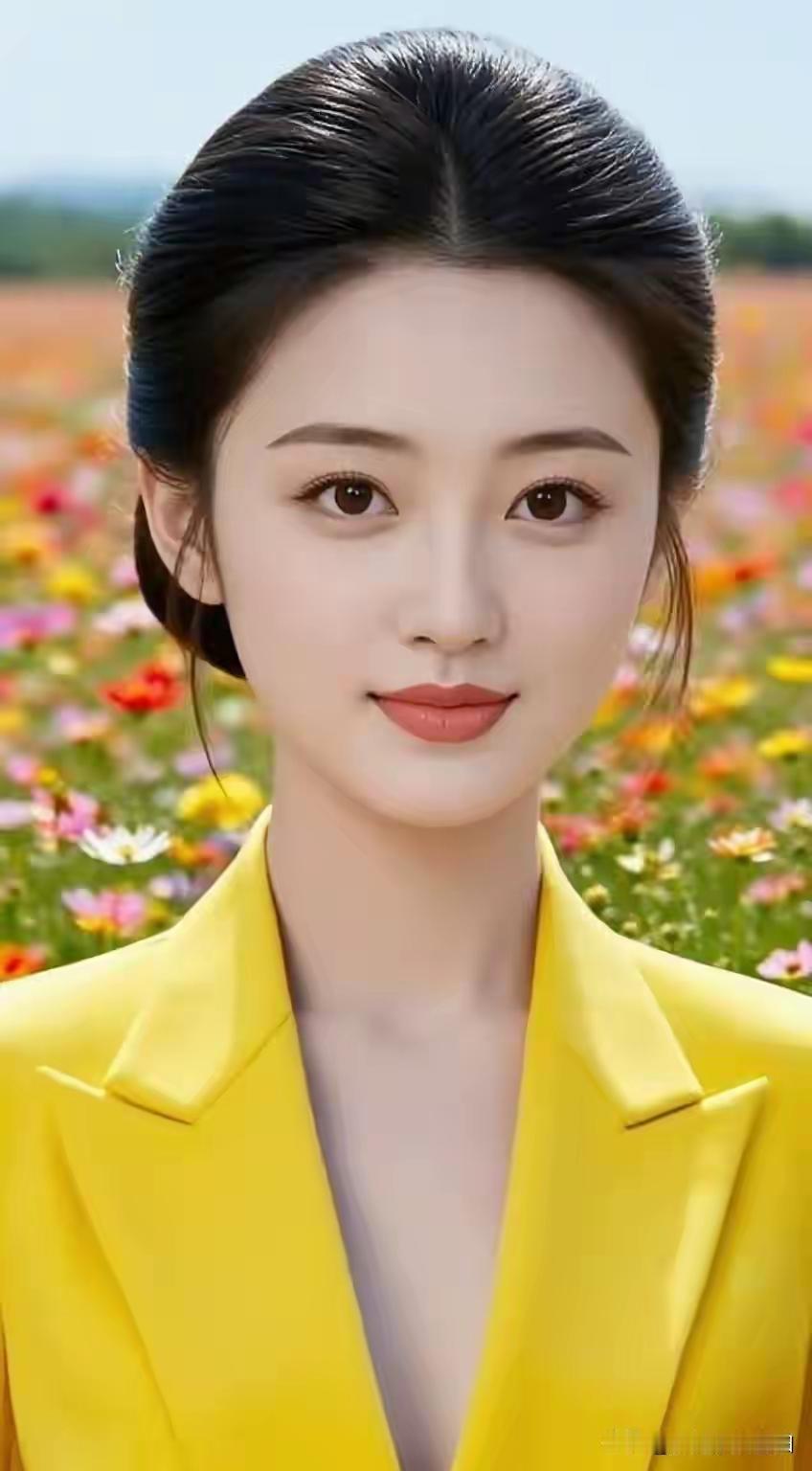 花海里的明媚少女，一身明黄西装，笑容如阳光般治愈，美得让人移不开眼。