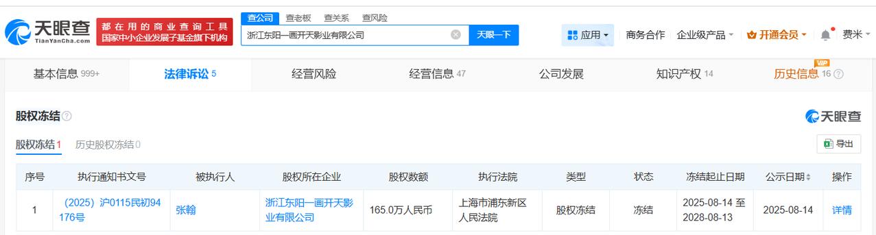 演员张翰被冻结165万股权
演员张翰所持165万股权被冻结
天眼查天眼风险信息显