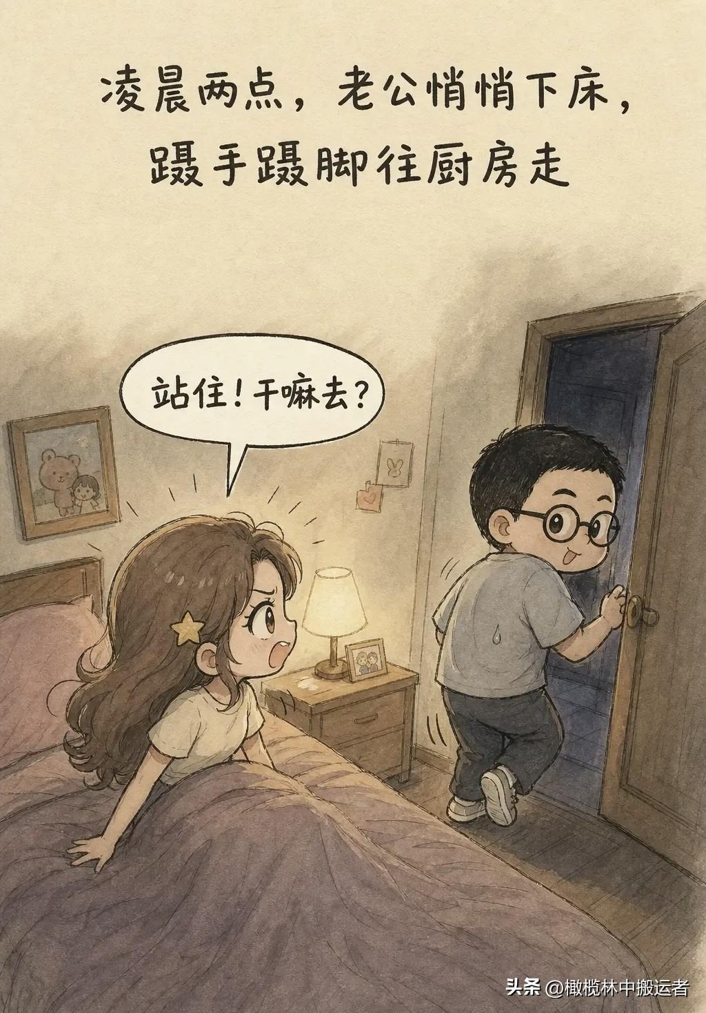 趣味漫画：凌晨两点，老公悄悄下床，蹑手蹑脚往厨房走。老婆突然坐起来：「站住！干嘛