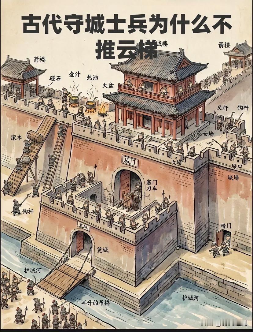 古代守城士兵为何不直接推云梯？

在古代守城时士兵只要拿根长杆把云梯推倒不就行了