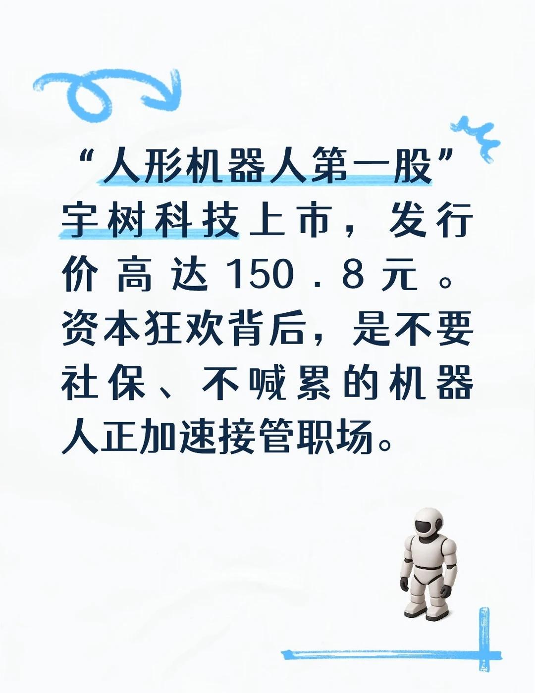 人形机器人第一股上市！
“人形机器人第一股”宇树科技上市，发行价高达150.8元